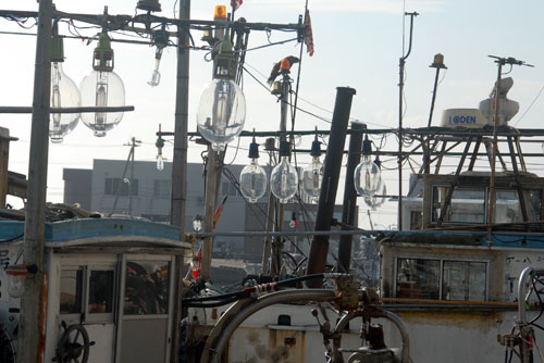漁船には大きな電球が（おそらくイカ漁のため）